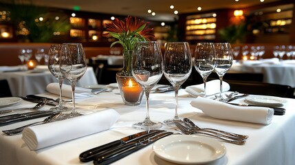Elegant restaurant tablescape with glassware candles and floral arrangement