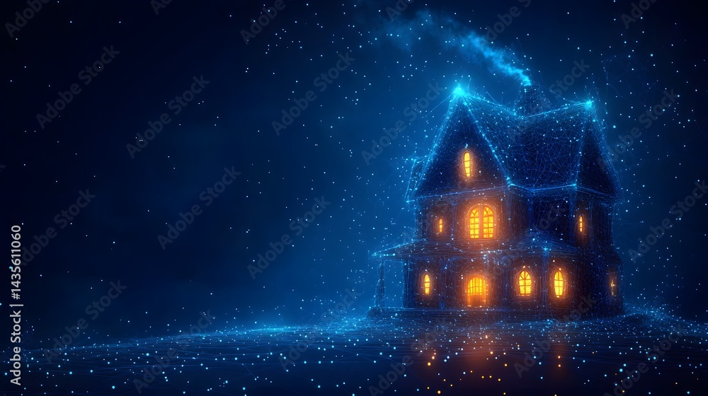 Aufkleber futuristic house rendered in a wireframe style with glowing blue lines and dots. warm orange light e