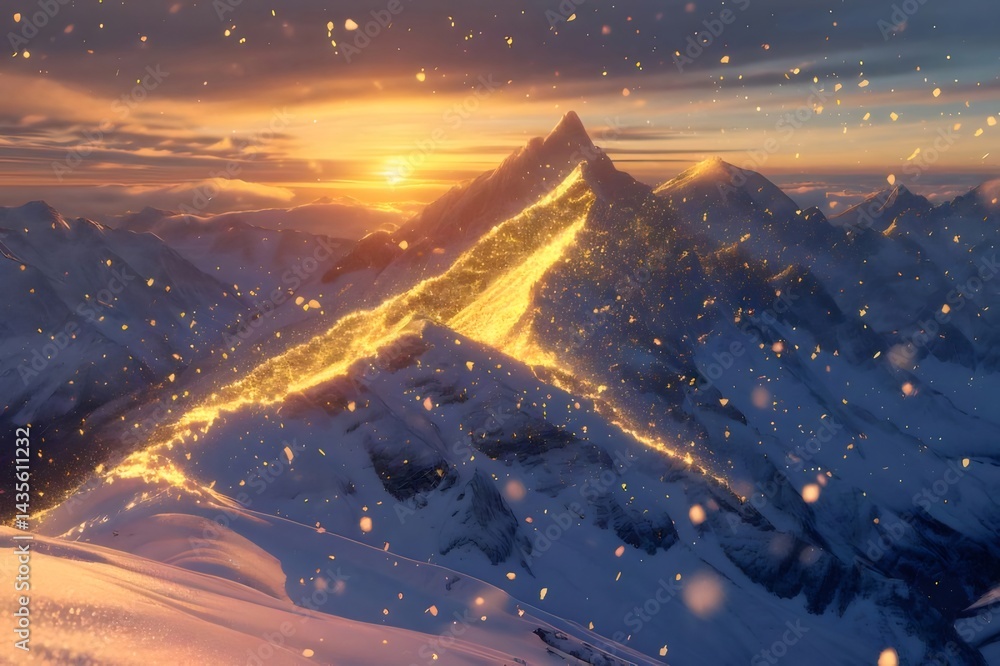 Aufkleber 夕焼けに輝く雪山風景 金色に光る山の頂と雪景色 自然の美しさを捉えた冬の情景