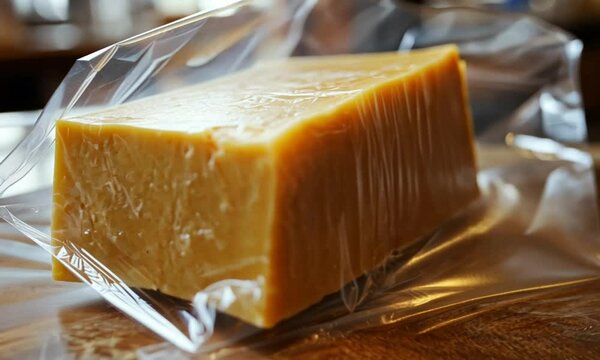 A fresh block of cheese in clear packaging on a wooden surface.