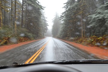 Naklejka premium Snowy forest road view from car