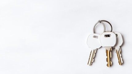 Three keys on a keyring lying on a white surface, close-up view with soft lighting, and minimalistic composition for security and access concept.