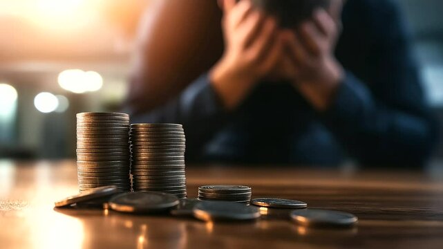 A stack of coins in the foreground reflecting soft light, while a man in the background, head in hands, struggles with financial burdens.