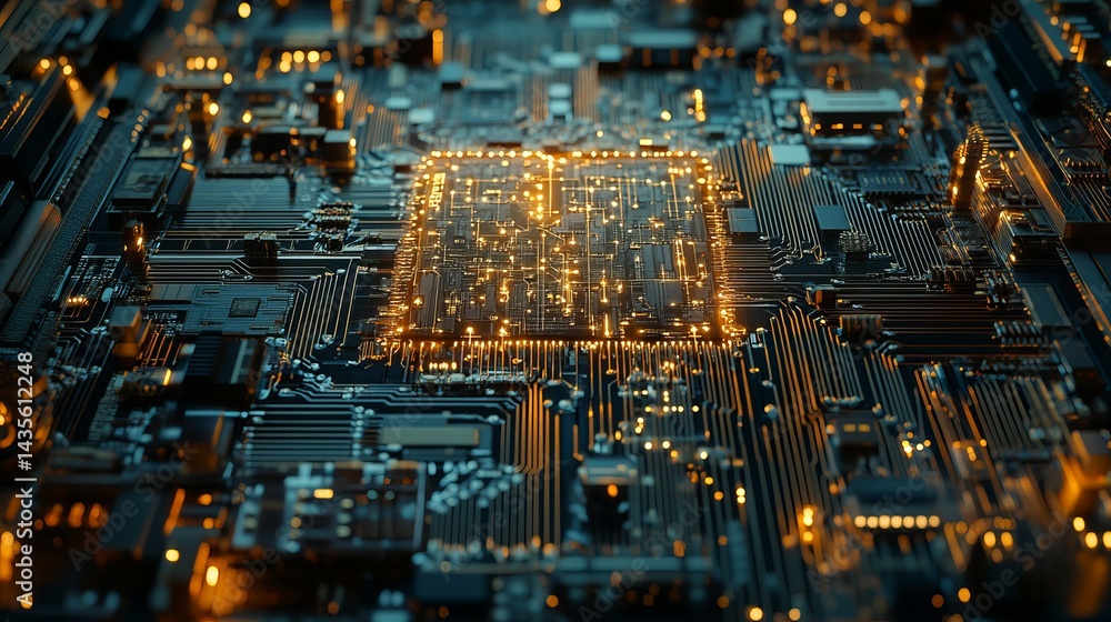 Aufkleber abstract circuit board technology background golden lines digital network 3d dark blue data chip gri
