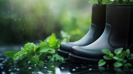 The scene captures the essence of a spring garden after a light rain, with wet, dark boots resting on the damp earth beside a vibrant display of blooming flowers.
