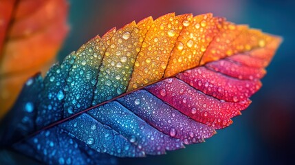 A vibrant leaf displaying a stunning gradient of colors accentuated by glistening water droplets, creating a mesmerizing natural artwork full of life and beauty.