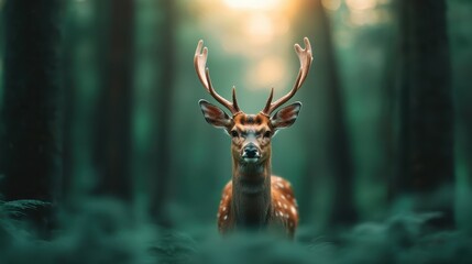 A stunning deer stands gracefully amidst the ethereal forest backdrop, illuminated by soft sunlight filtering through the lush canopy, creating a magical atmosphere.