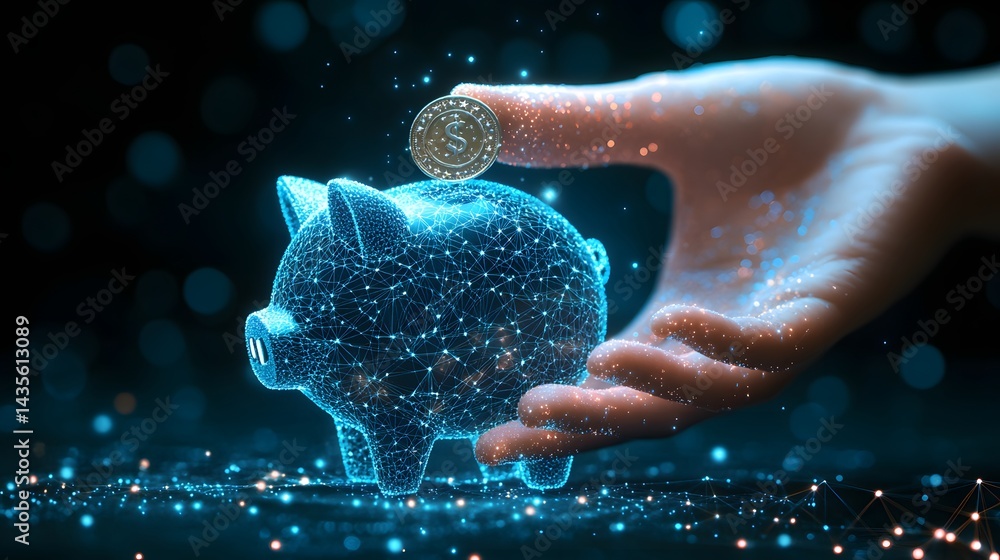 Poster futuristic finance concept: a digital hand deposits a dollar coin into a glowing piggy bank. savings
