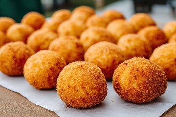 Crispy round fried snack balls with golden crust placed on paper-lined tray with textured detail and bright side lighting creating contrast and shape in casual setup