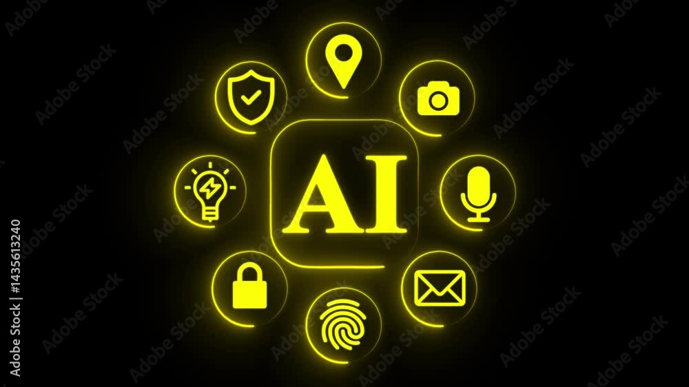 Poster glowing neon ai hud animation on black background. yellow color neon line animation on artificial in