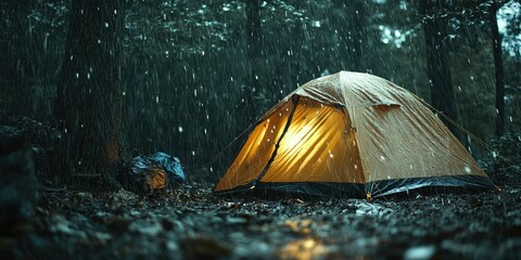 Night camping with rain cascading off a waterproof tent in the woods