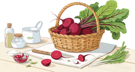 Beetroot Illustration vector design, Beetroot in wicker basket in Kitchen Illustration vector design