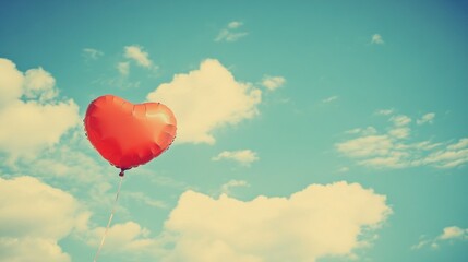 Obraz premium a single vibrant red heart-shaped balloon floats amidst a bright azure sky dotted with fluffy cumulus clouds conveying love celebration romance and a sense of carefree joy and affection