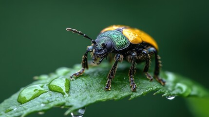 Fototapeta premium A stunning close-up of a vibrant beetle perched on a green leaf, showcasing its intricate details and bright colors, highlighting the beauty of nature's small wonders.