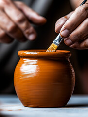 Recreates a professional person painting a clay vase with a brush and paints, where you can see the movement of the hand directly painting the real piece
