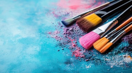 Obraz premium A collection of various paint brushes positioned on a rich turquoise surface, elegantly showcasing color powders, representing artistic potential and creativity.