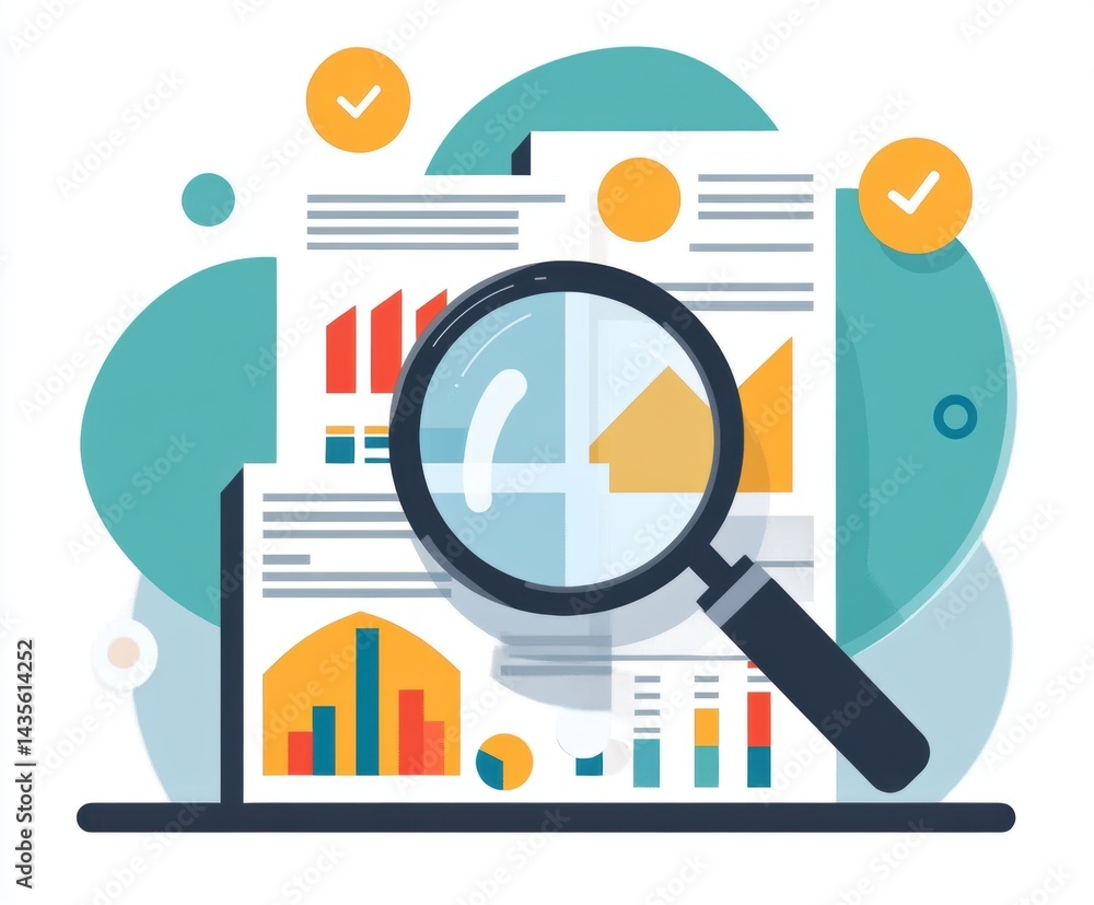 Poster data analysis with graphs and charts viewed through a magnifying glass