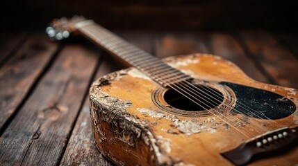 Fototapeta premium This beautifully worn acoustic guitar showcases its age and character against a rustic wooden backdrop, embodying the essence of musical nostalgia and craftsmanship.