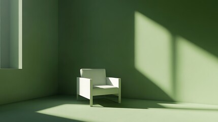Solitary white armchair in a muted green room.