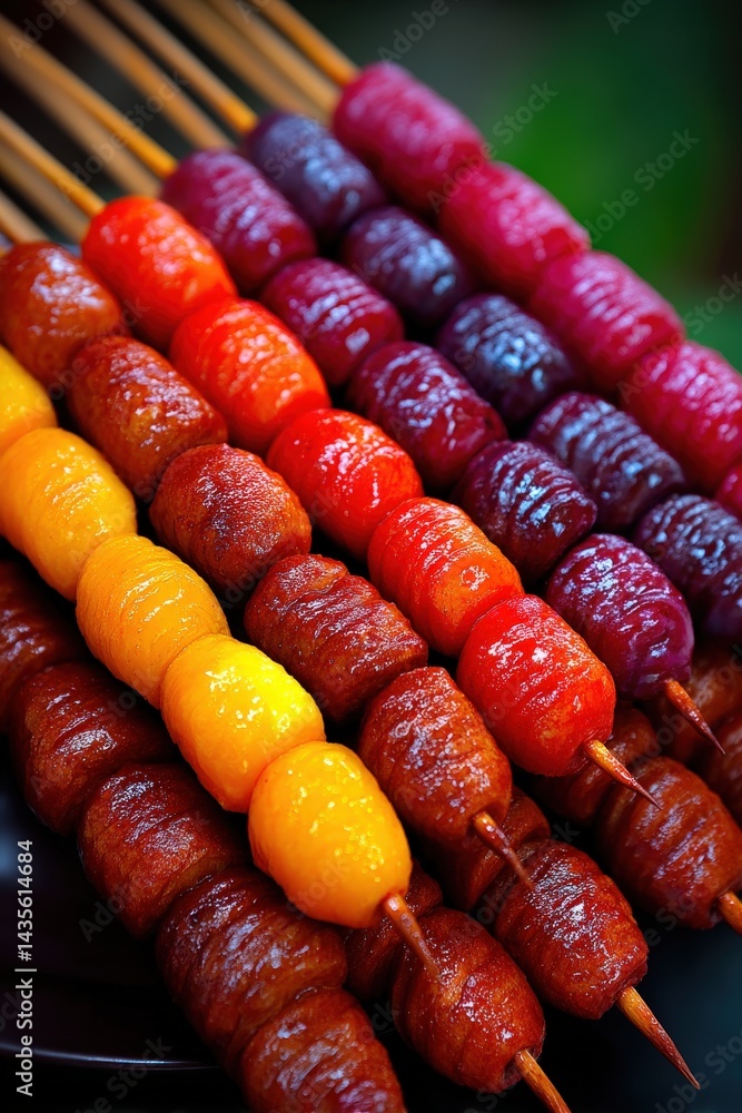 Poster multicolored fruit skewers with alternating red yellow and orange round fruits arranged tightly on s
