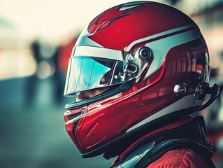 Racer in red helmet prepares for the upcoming motorsport event