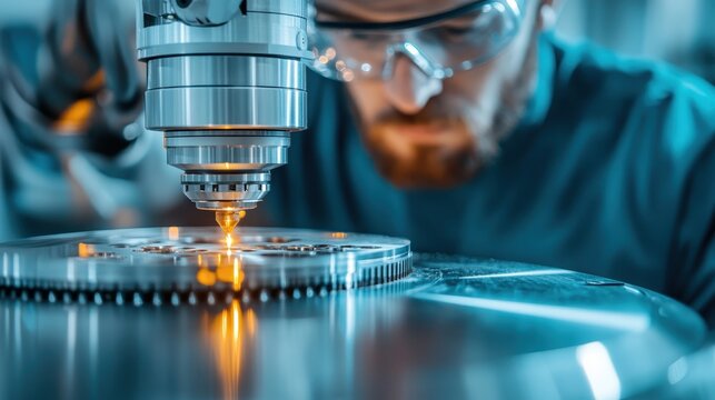 A dedicated worker intensely focused on operating laser cutting equipment, showcasing skill, technology, and an intricate balance of craftsmanship and modern manufacturing techniques.