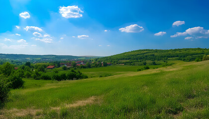 Obraz premium Green Land, Blue Sky, Summer Sunny Day Background, Wide View Of Lawn Hill and Blue Sky