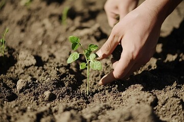 Close-up view of hands gently planting a young seedling into rich, fertile soil, representing new beginnings, nurturing growth, and fostering environmental care in nature