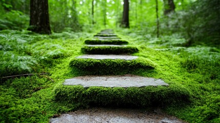 A serene walkway of stone steps covered in vibrant moss, nestled in a lush green forest, representing tranquility, nature, and peaceful exploration.