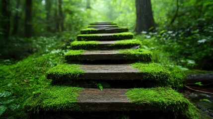 An enchanting view of stone steps enveloped in green moss within a tranquil forest, illustrating a pathway to nature’s serenity and harmony with the environment.