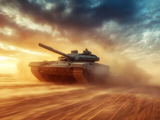 Military tank moving across desert at sunset