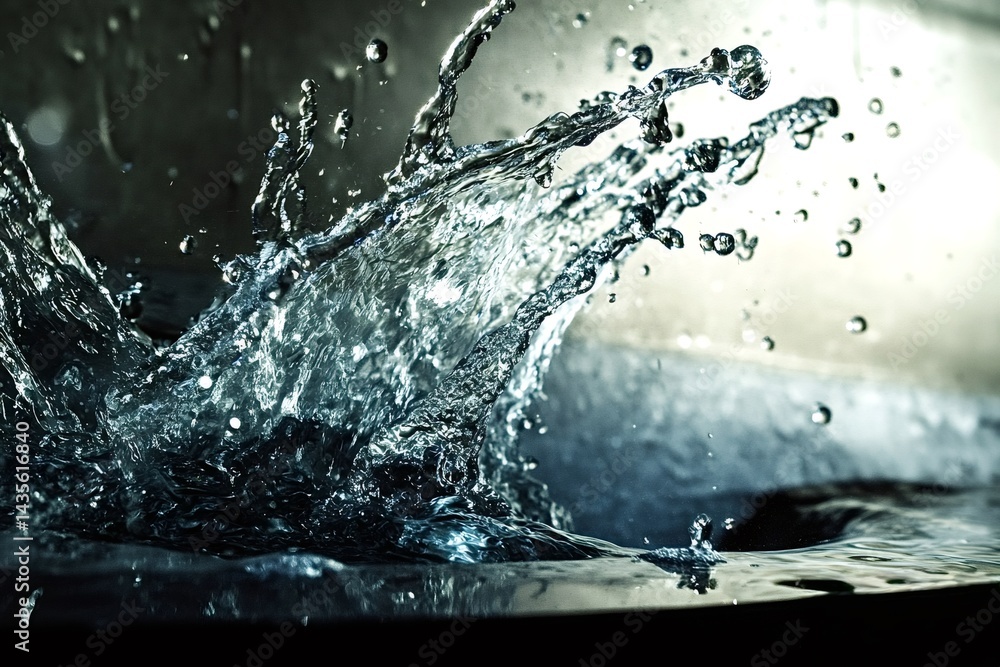 Poster capturing the dynamic movement of water splashing with droplets suspended in mid-air. the energetic 