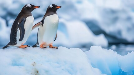 Obraz premium Two Gentoo Penguins stand on an Antarctic iceberg in snowy landscape