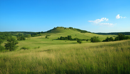 Fototapeta premium Green Land, Blue Sky, Summer Sunny Day Background, Wide View Of Lawn Hill and Blue Sky