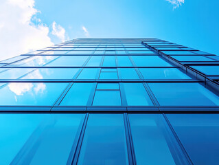 Obraz premium Modern glass building stretching towards clear blue sky