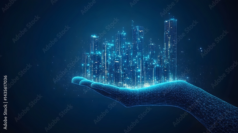 Poster a digital hand cradles a futuristic cityscape, both rendered in a striking blue wireframe style. the