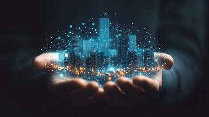Fototapeta premium A vibrant city skyline, illuminated in blues and oranges, delicately held above outstretched hands, symbolizing innovation and support. Abstract wireframe in dark blue