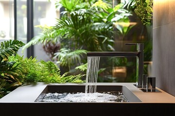 Fototapeta premium Water cascading from a sleek, modern faucet into a square basin, creating a serene oasis in a bathroom enriched with vibrant green plants and contemporary design elements