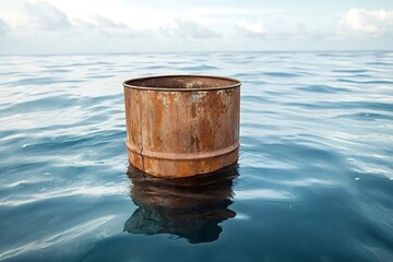 Rusty metal barrel floats in the ocean, symbolizing marine pollution and environmental damage caused by industrial waste and irresponsible disposal practices