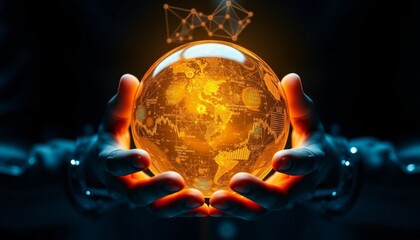Global data insights visualization of the world in hands digital realm 3d graphics futuristic design close-up perspective technology concept