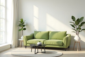 Fototapeta premium Lime Green Sofa in Bright Living Room with Natural Light and Plants 