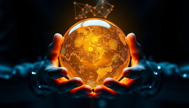 Global data insights visualization of the world in hands digital realm 3d graphics futuristic design close-up perspective technology concept - Powered by Adobe