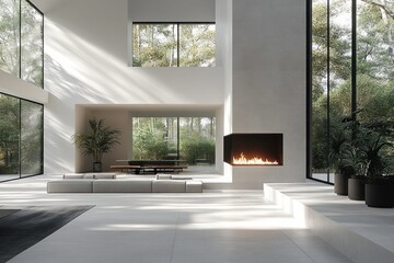 Obraz premium Spacious, modern living area with a large fireplace and panoramic views.