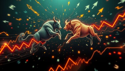 Bull vs bear market battle financial arena digital artwork vibrant environment dynamic perspective investment concept for engaging audiences
