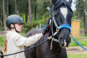Young girl brushing her horse before riding