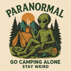 Alien Relaxing on Log Enjoying Coffee While Camping in Forest