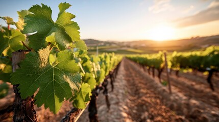 Naklejka premium A serene morning scene capturing the early light illuminating vibrant green leaves of a vineyard, creating an inviting atmosphere filled with promise and freshness in the air.