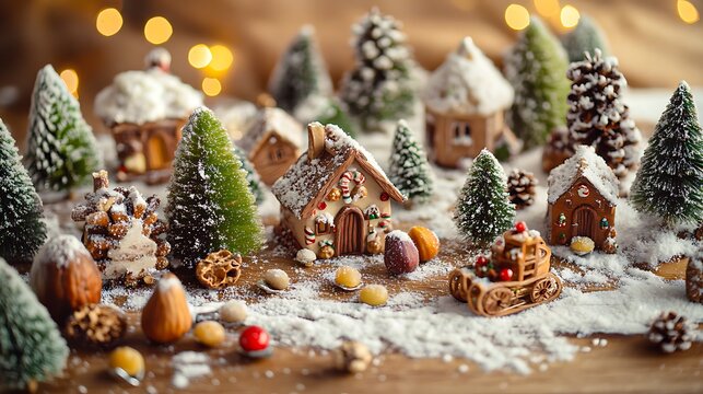 Miniature snowy gingerbread village with decorated houses and christmas trees in festive winter scene
