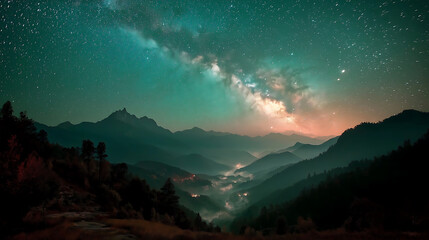Starry Night Sky with Aurora Borealis Over Mountains and Dark Clouds