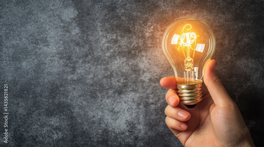 Aufkleber a hand holds a glowing light bulb against a textured gray background symbolizing inspiration creativ